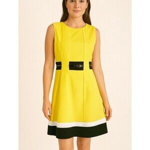 Calvin Klein A-line Sleeveless Career Dress Yellow Colorblock with Belt Size 8P